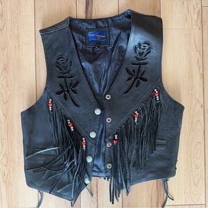 Black Leather Vest with Fringe and Bead Details